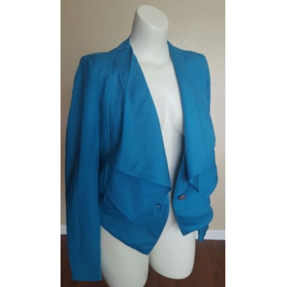 Karen Kane Linen Drape Ruffle Motif Blazer Jacket M Blue New